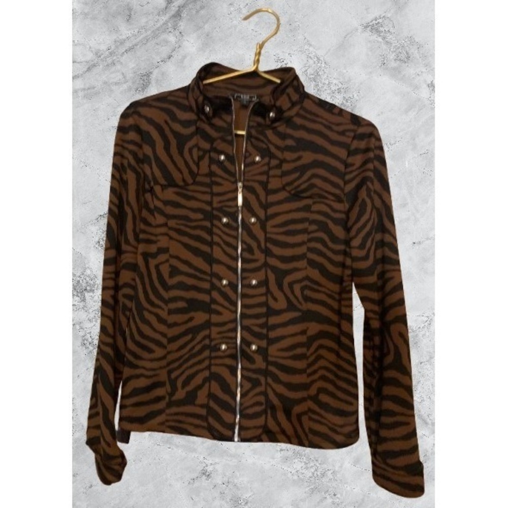 Lisa International Zebra Print Zip Up Jacket Brown Black Military Womens S - Picture 2 of 6